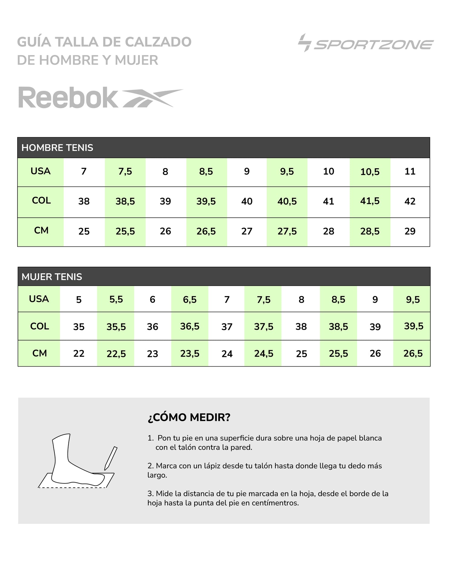 Guía de Tallas Reebok
