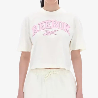 Camiseta Reebok Crop Varsity Arch Mujer Blanco Rosa